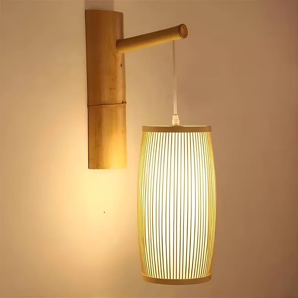 Natural bamboo plait decoration lamp with woven shade, shown with dimensions 15cm wide by 35cm tall.