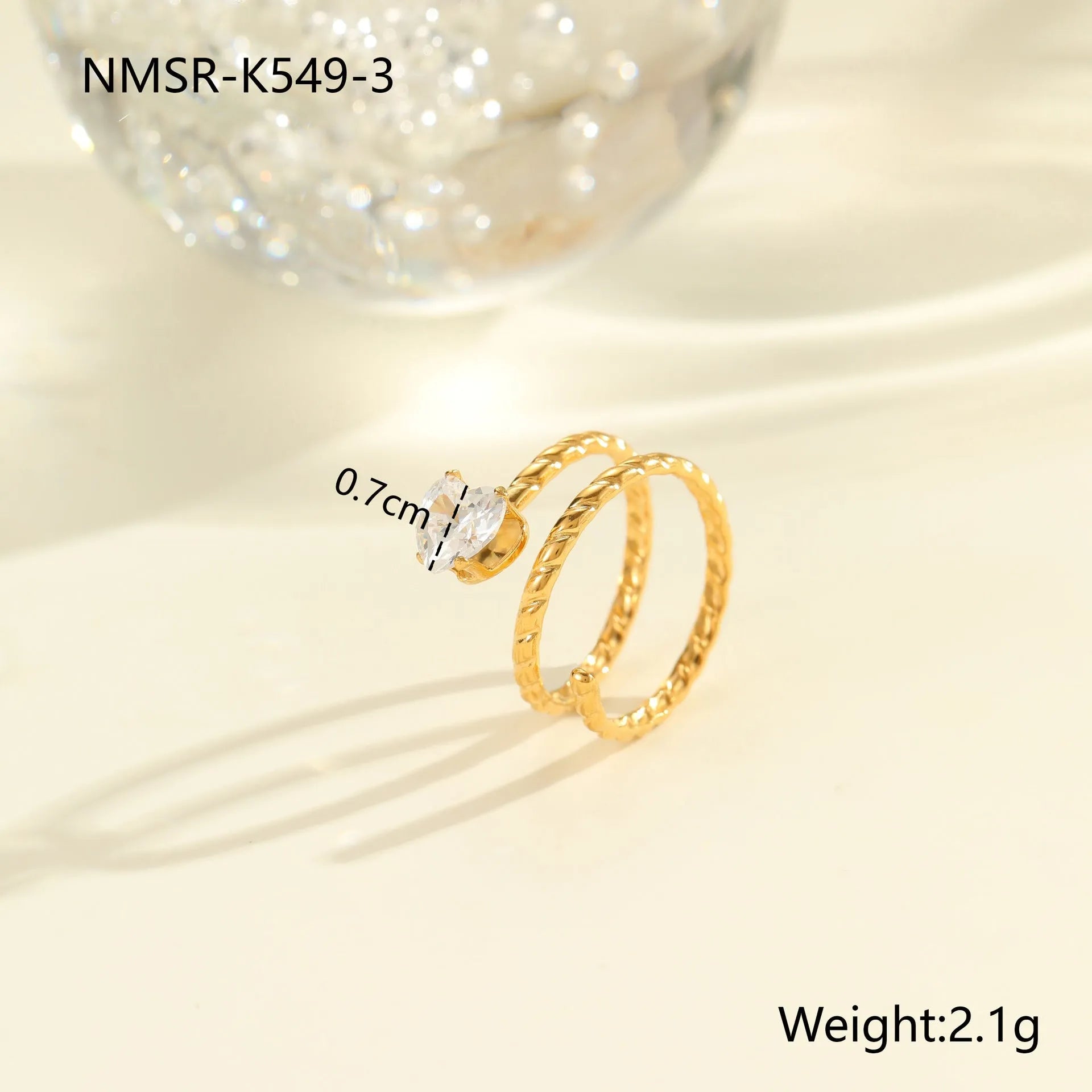 Gold electroplated stainless steel ring with zircon stones and open mouth adjustable design