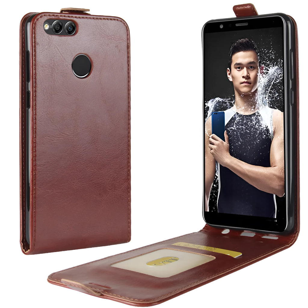 Black genuine leather wallet phone case for Huawei Honor 7X with a crazy horse pattern, showing open card slots.