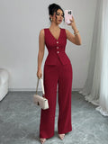 Women's solid colour sleeveless vest and high waist trousers two-piece set in Japanese Korean casual style