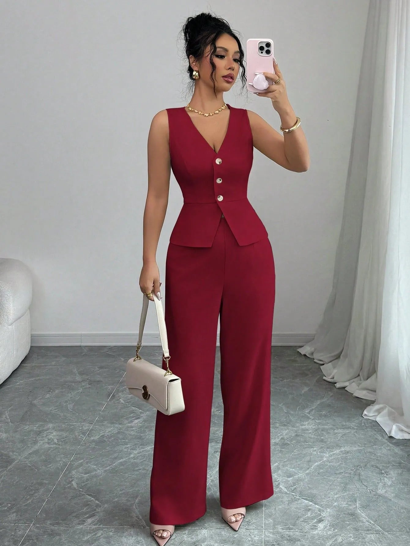 Women's solid colour sleeveless vest and high waist trousers two-piece set in Japanese Korean casual style