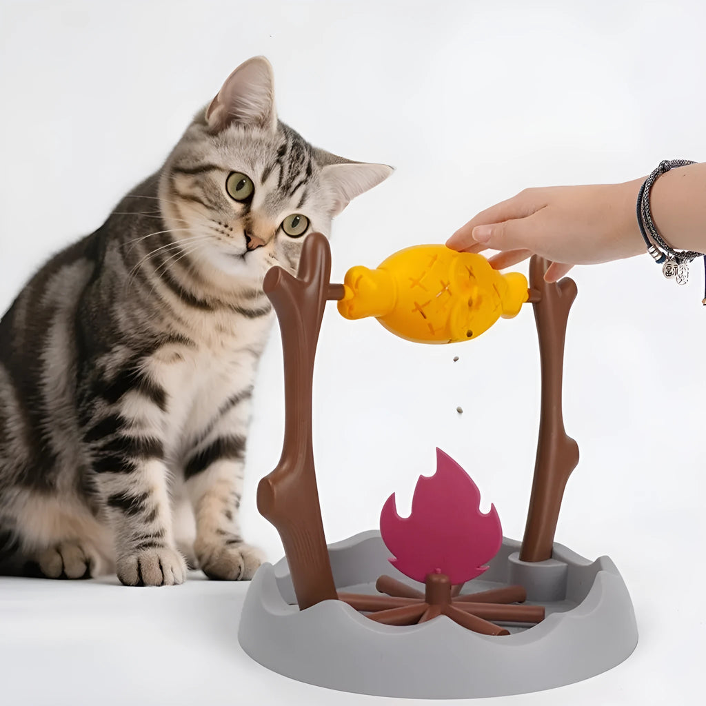 Barbecue-style cat food feeder toy with tumbling leakage mechanism for interactive feeding