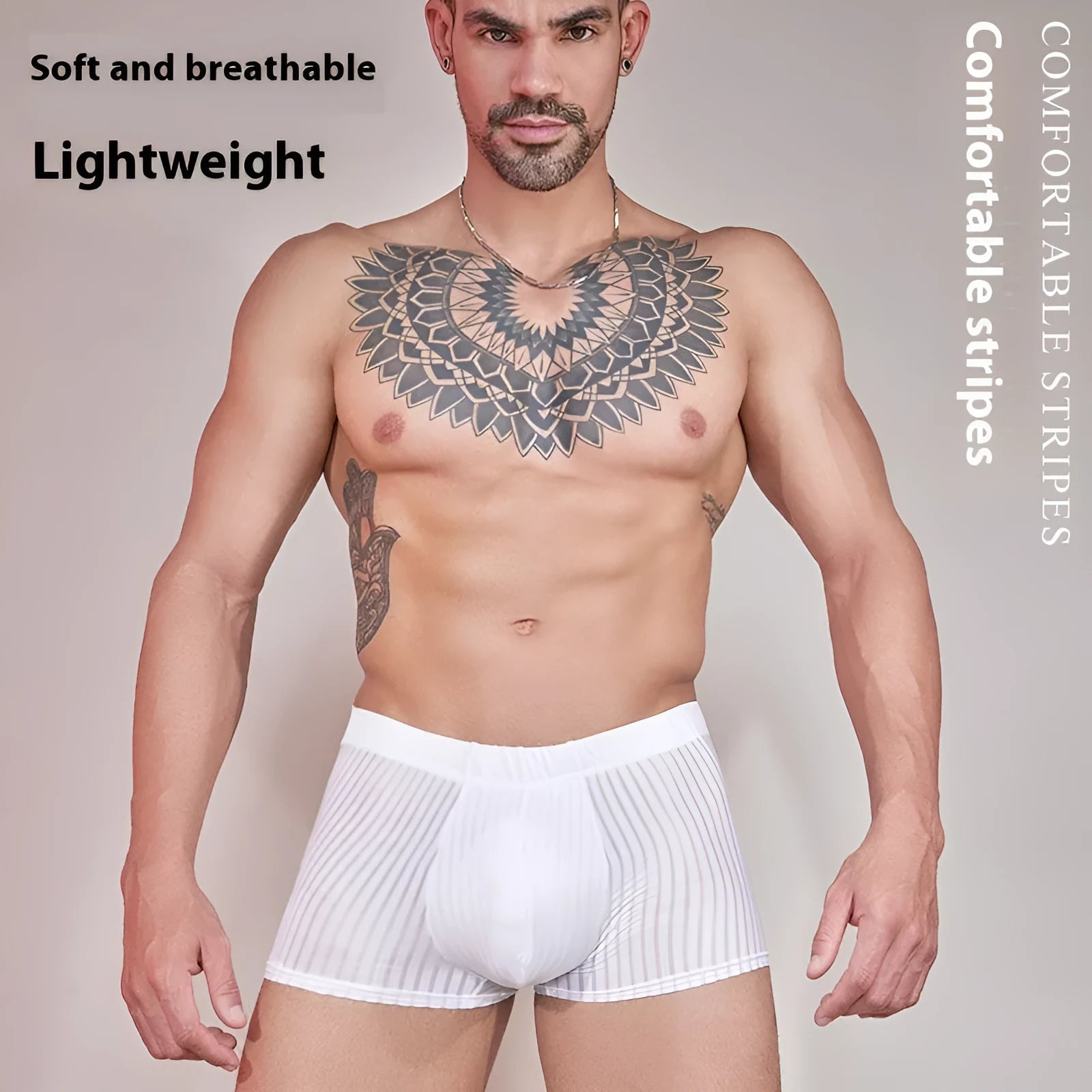 Men's striped underwear set in black, white, and dark grey colours showing thin transparent nylon fabric