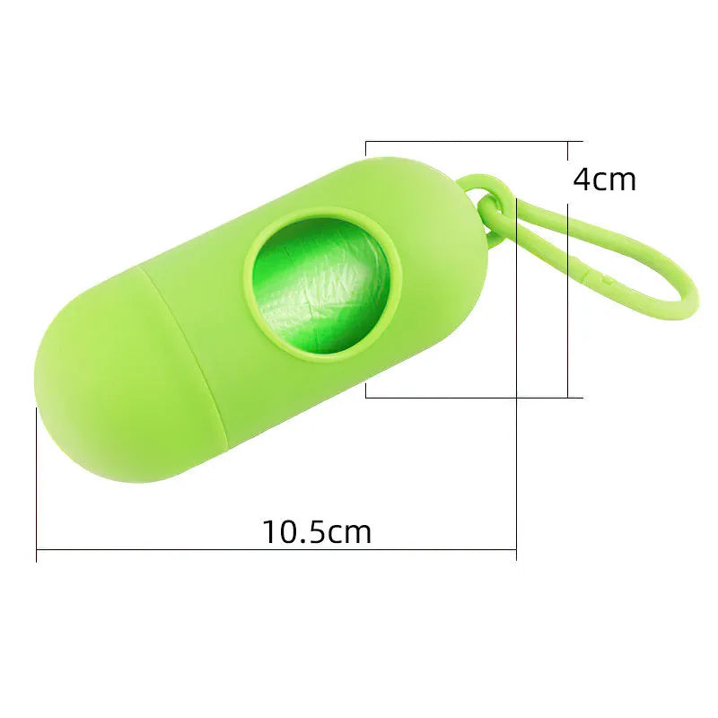 Small square dog waste bag dispenser with a metal side hook, shown in various colours.