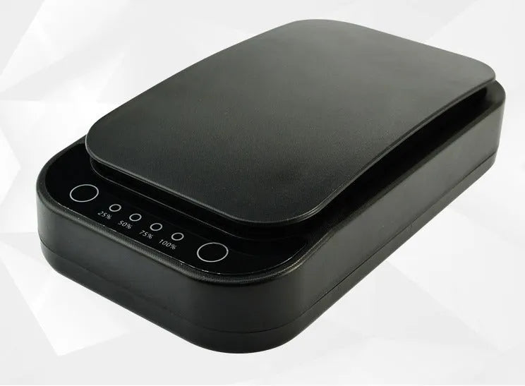 Blue and white portable UV disinfection box for mobile phones, showing compact size.