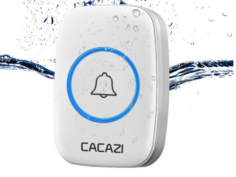 Wireless doorbell system with push-button transmitter and plug-in receiver unit showing 300m range and 36 melody options