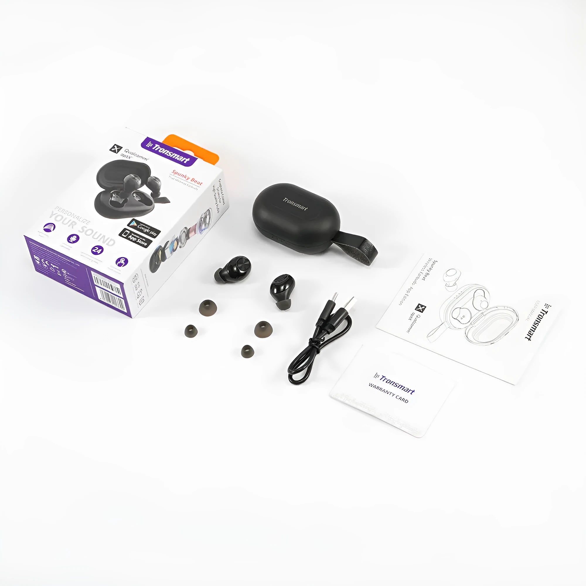 Tronsmart Spunky Beat black Bluetooth earphones with charging case on a grey background.