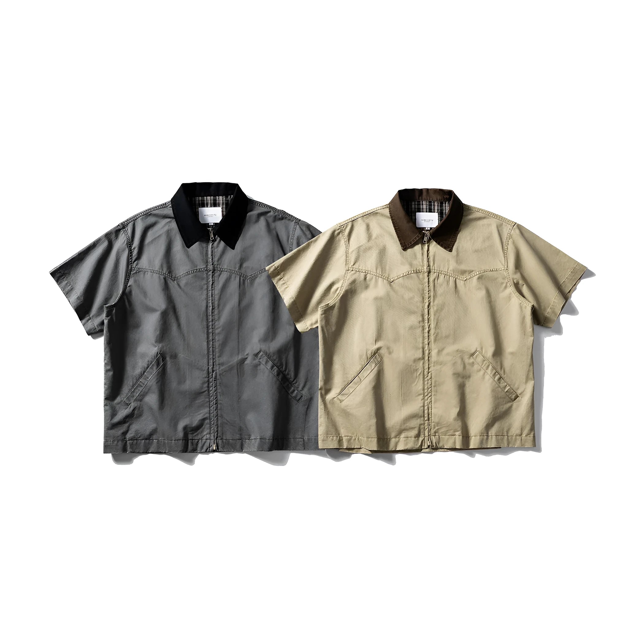 Khaki washed cotton short sleeve overalls shirt loose fit on hanger