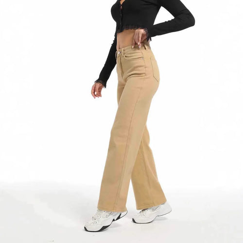 Women's high-waist straight leg wide jeans in apricot colour on a hanger.