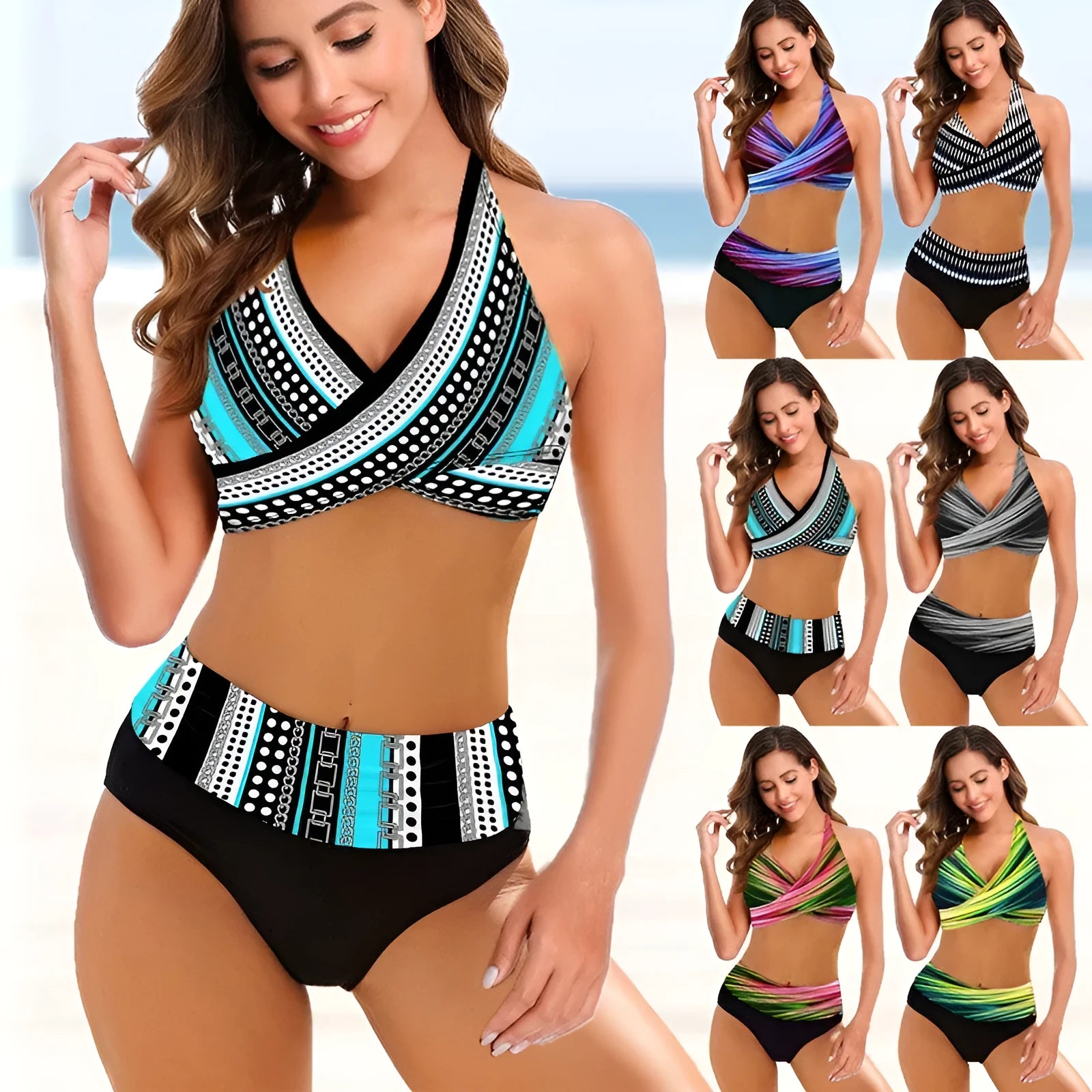 Women's striped tie-dye bikini with hollow design and high-waisted briefs