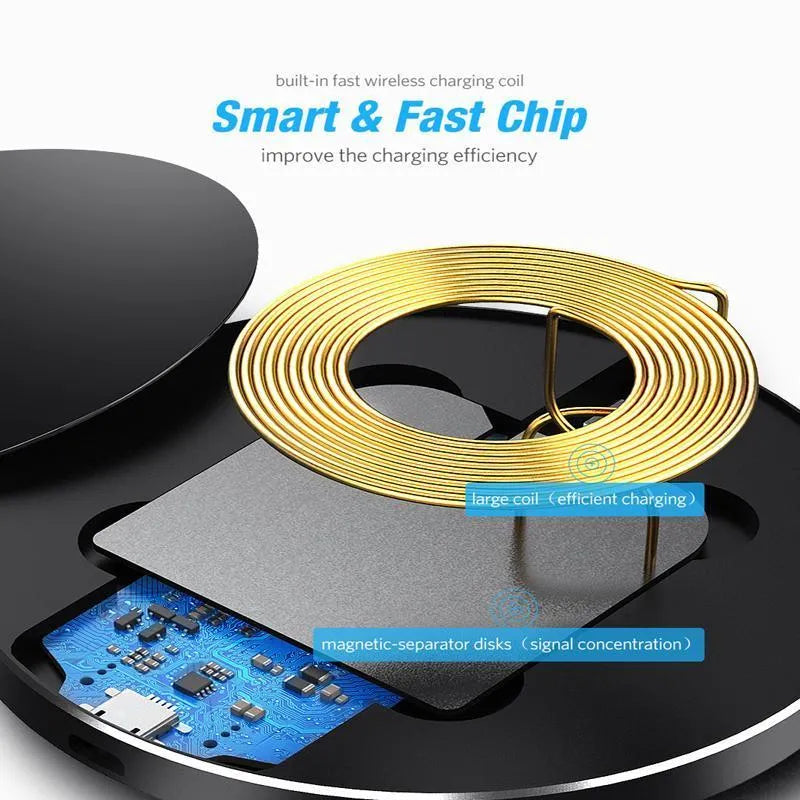 Black ultra-thin 98mm square wireless fast charging pad with USB cable for QI-enabled devices