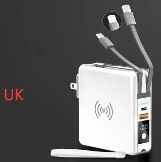 Black or white 10000mAh power bank with wireless charging and four international plug adapters
