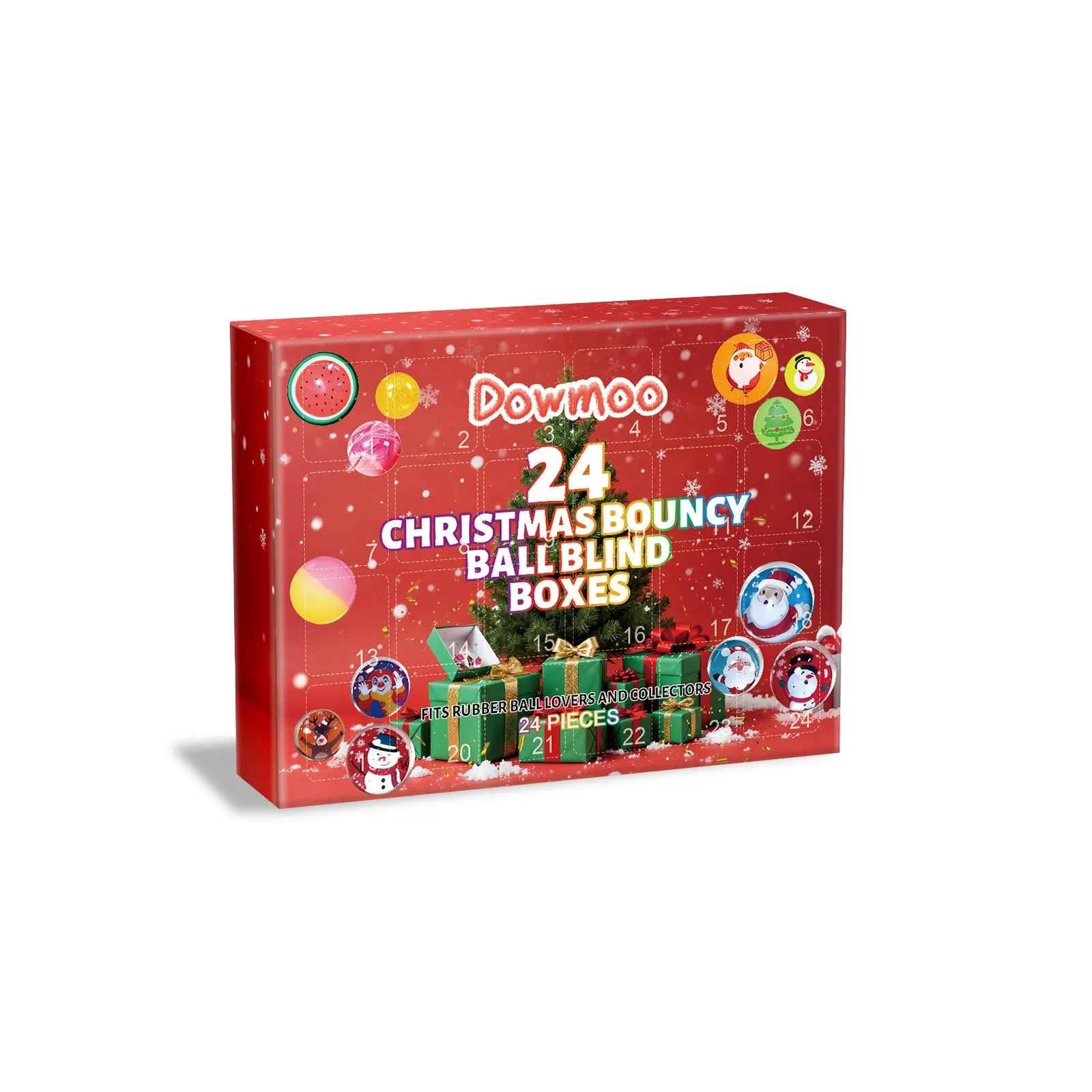 24 Christmas bouncy ball blind boxes in bulk pack with festive designs on rubber balls