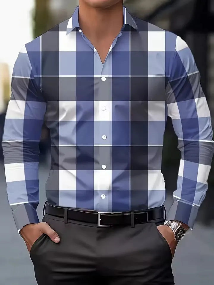 Men's striped long sleeve button-up shirt with lapel collar in polyester fabric
