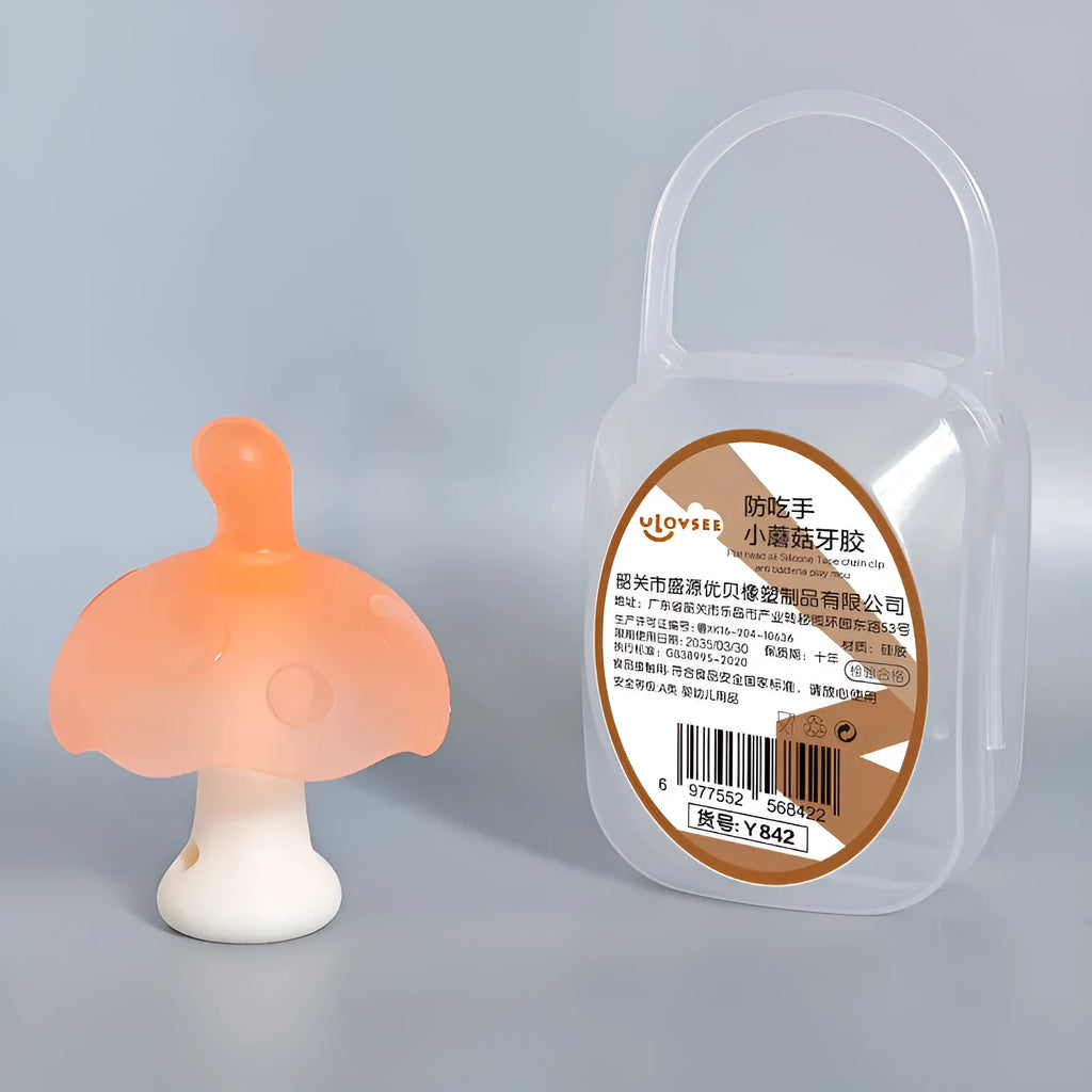Small pink and nano colour mushroom gum latex stress balls in a transparent box with an optional chain.
