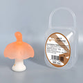 Small pink and nano colour mushroom gum latex stress balls in a transparent box with an optional chain.