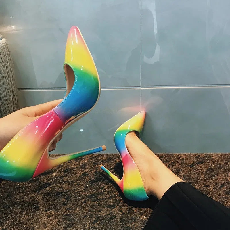 Rainbow patent leather ultra-high heels with pointed toe in thin heel construction
