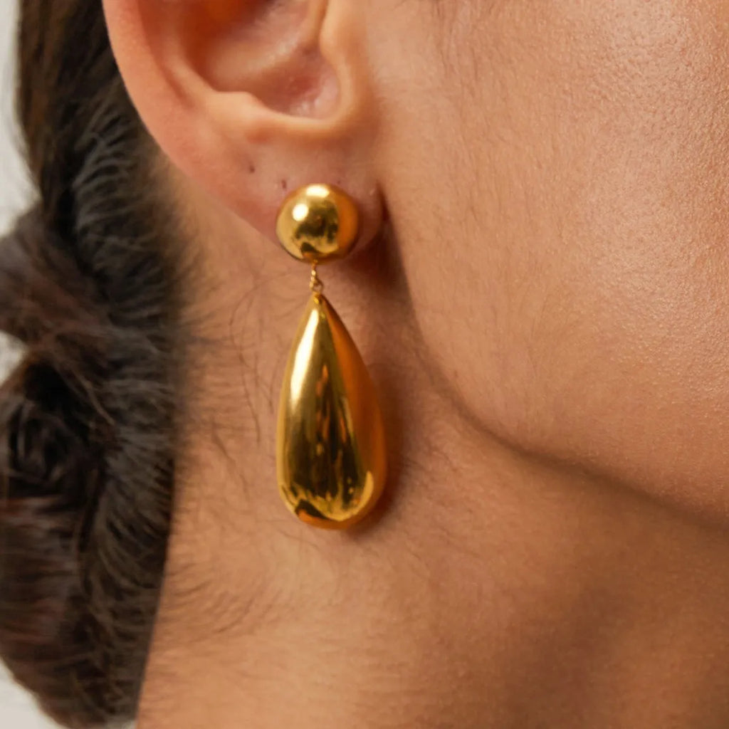 Gold tone stainless steel hemisphere water drop pendant earrings geometric design