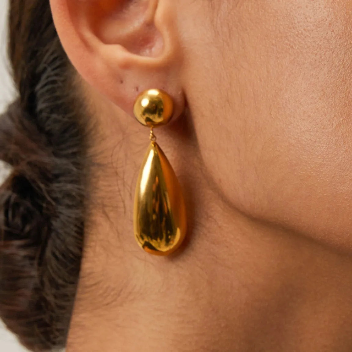 Gold tone stainless steel hemisphere water drop pendant earrings geometric design