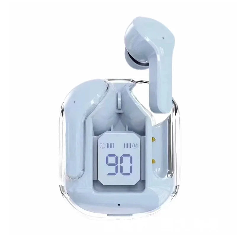 Transparent space capsule case containing true wireless Bluetooth earbuds with digital display screen