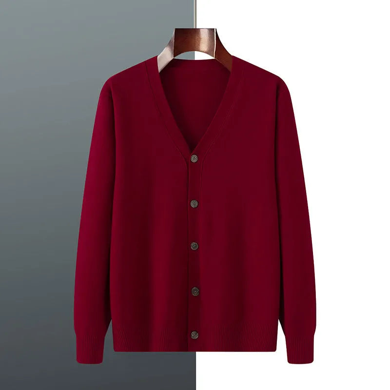 Men's V-neck cardigan coat in Andy velvet fabric showing loose fit and long sleeve design