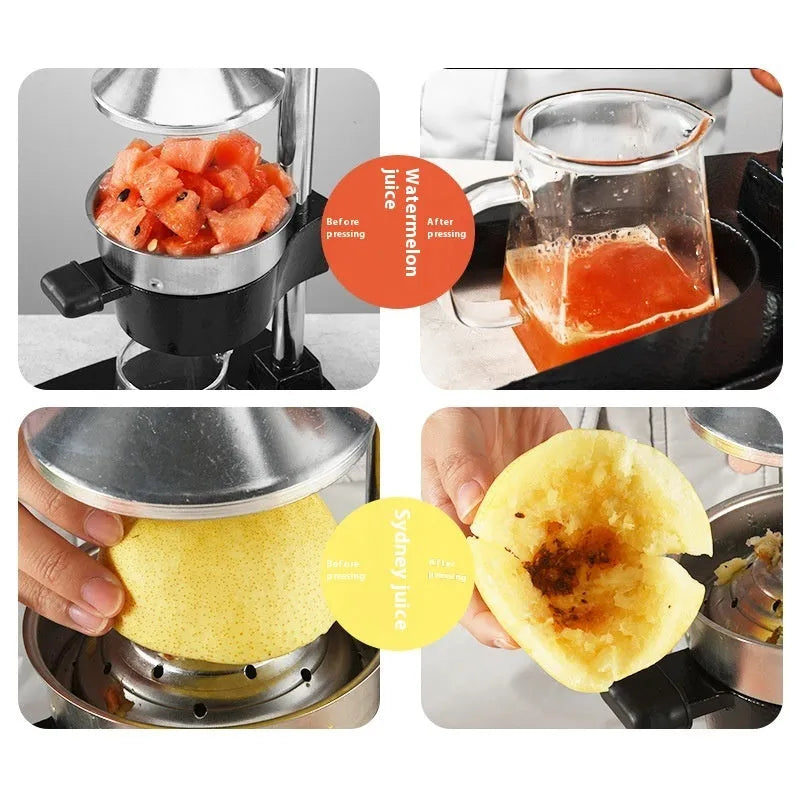Black cast iron manual juicer with stainless steel strainer on a kitchen counter