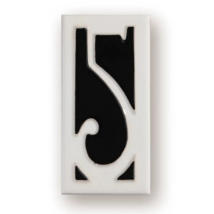Handmade ceramic retro door number plate with blue enamel art, showing the number 5.