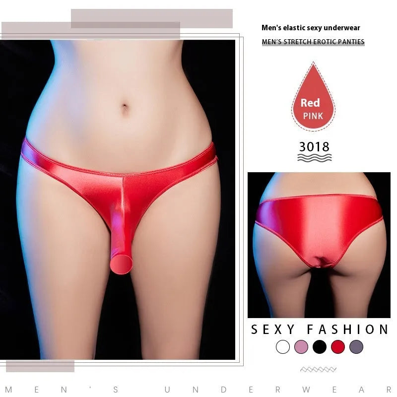Men's low waist T-back underwear in shiny nylon fabric on a colour background showing available shades.
