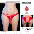 Men's low waist T-back underwear in shiny nylon fabric on a colour background showing available shades.