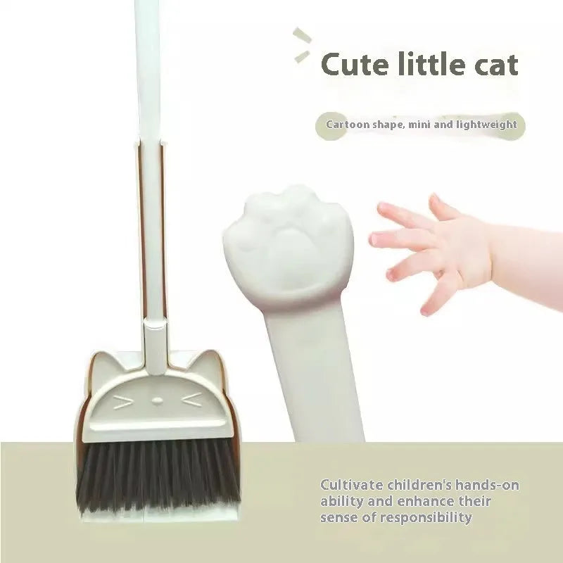 Purple plastic broom and dustpan set with non-stick rotating brush head and upright storage holder.
