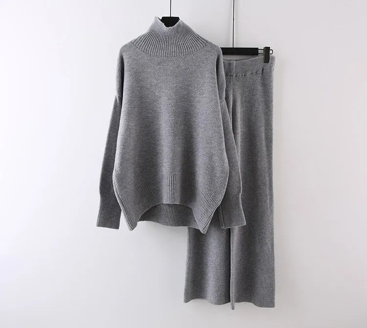Women's beige acrylic fibre sweater and wide-leg pants two-piece casual set