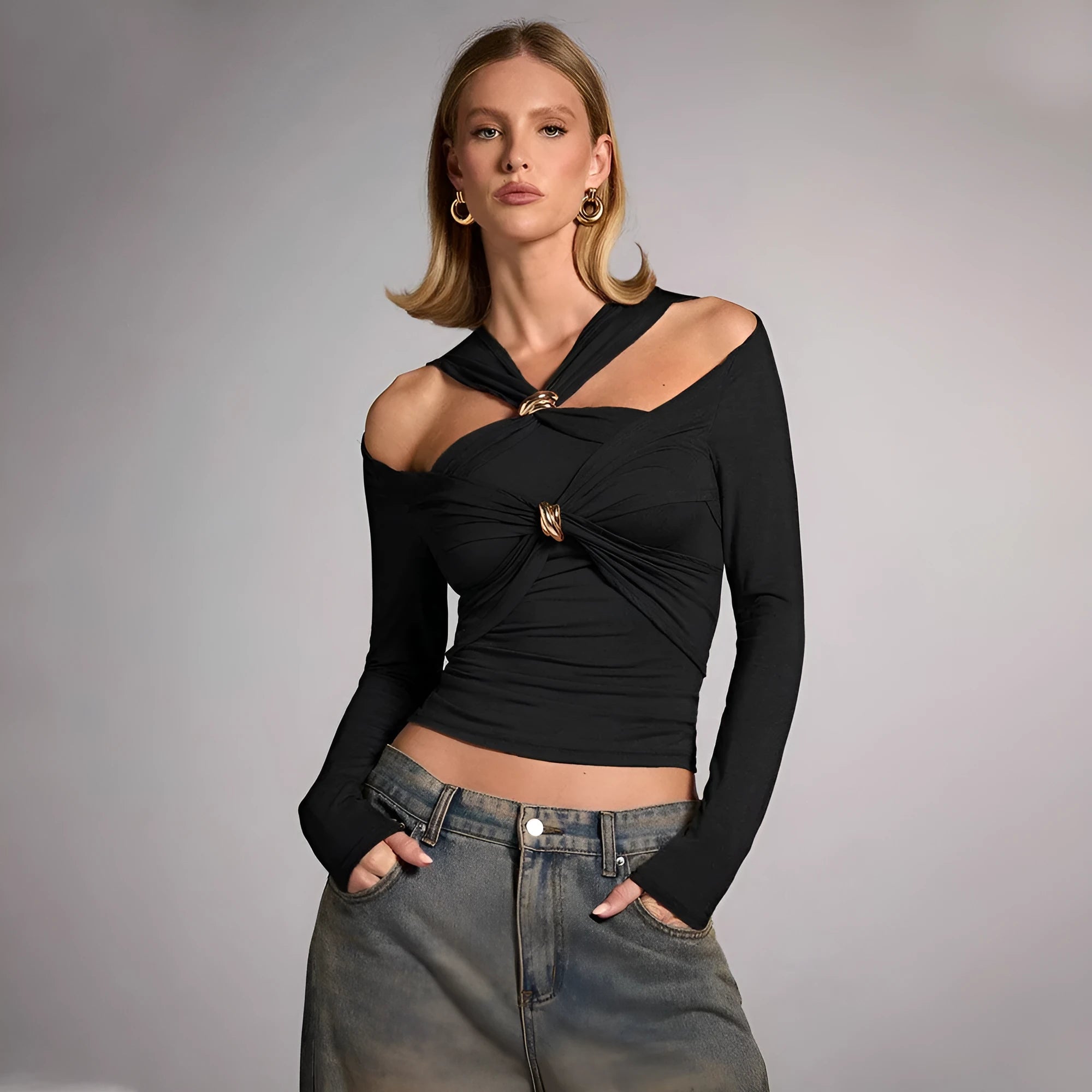 Black women's halter top with slim fit and shoulder-baring strapless design