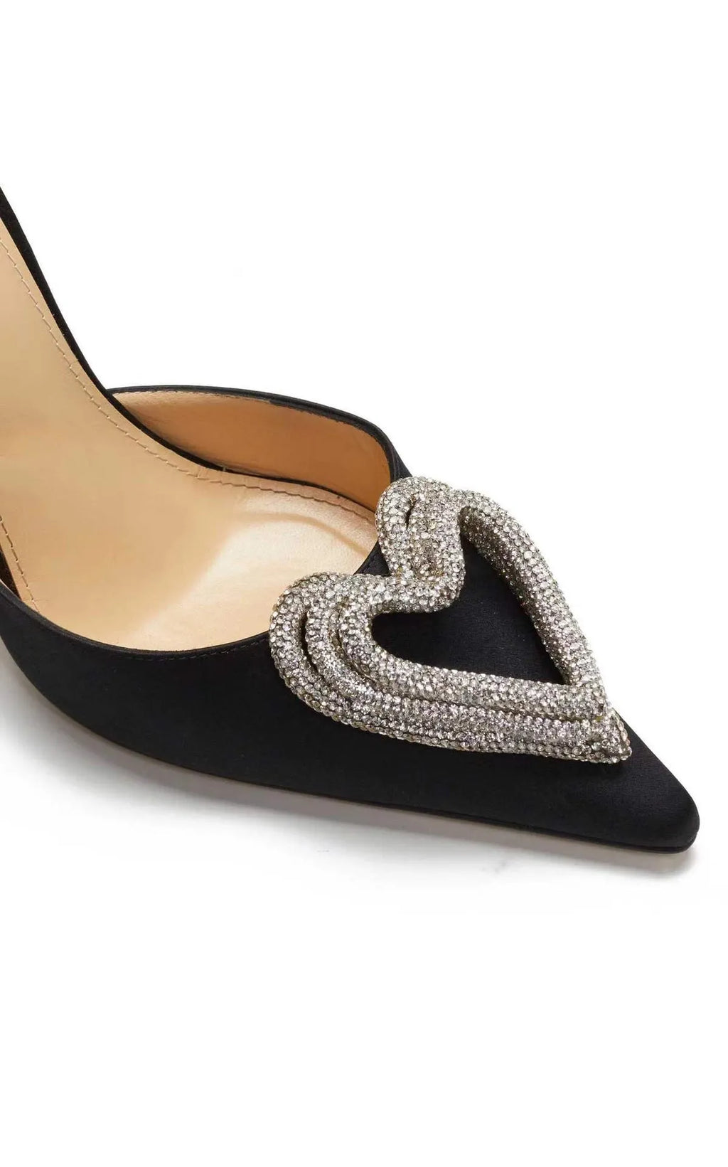 Women's heart-shaped rhinestone sandals with satin pointed toe and adjustable cross-straps in pink colour