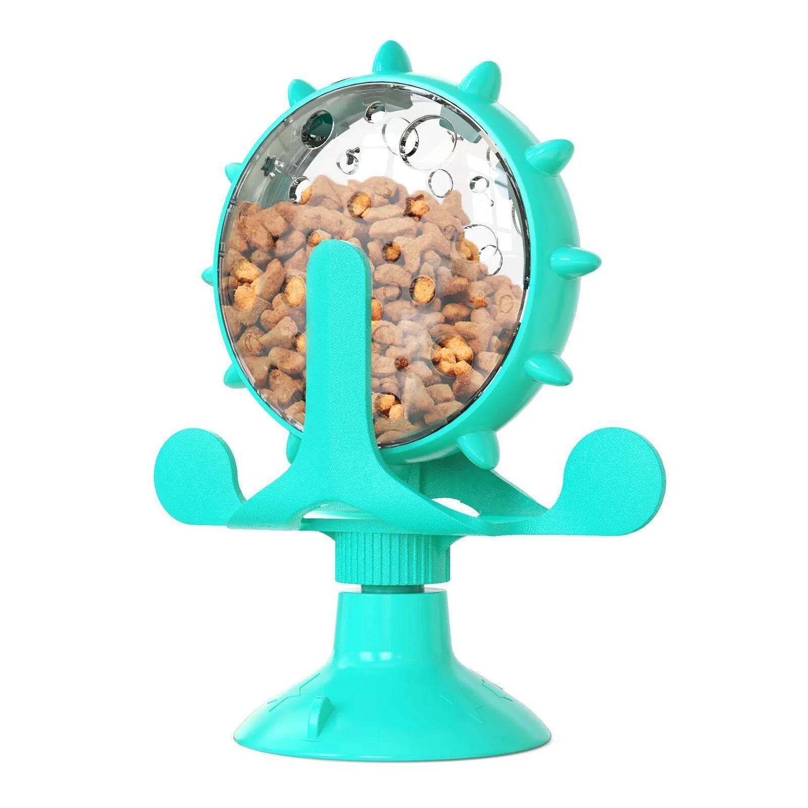 Blue interactive spinner puzzle toy for cats and dogs with suction base on a floor.
