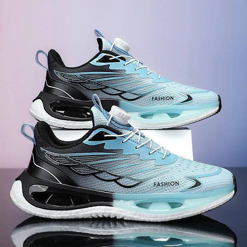 Youth men's low-top rotating button sneaker in light blue mesh with a rubber sole.