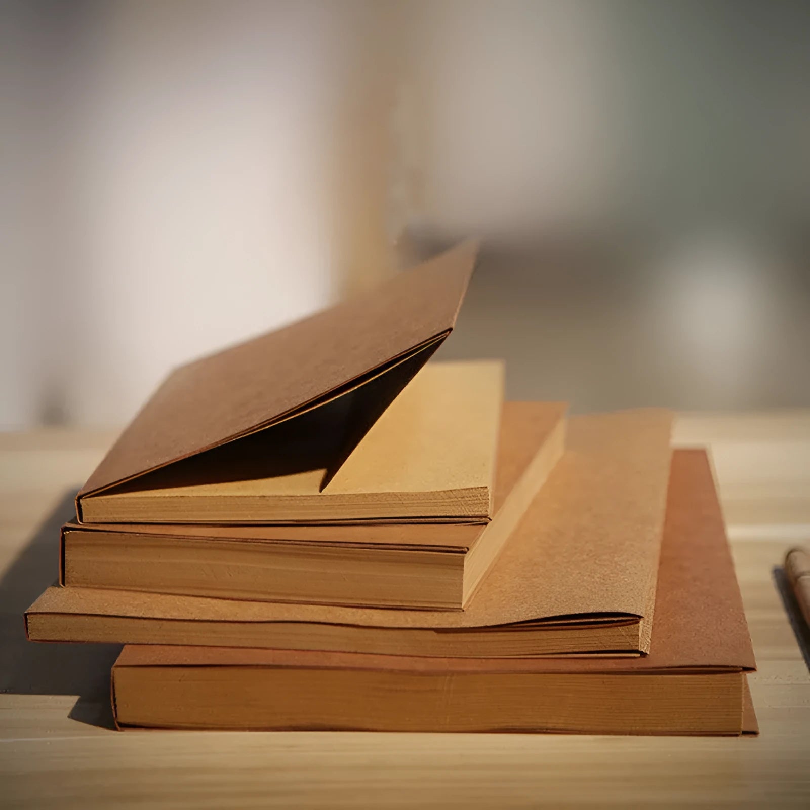 Kraft paper sketchbook with wireless binding open to a blank page