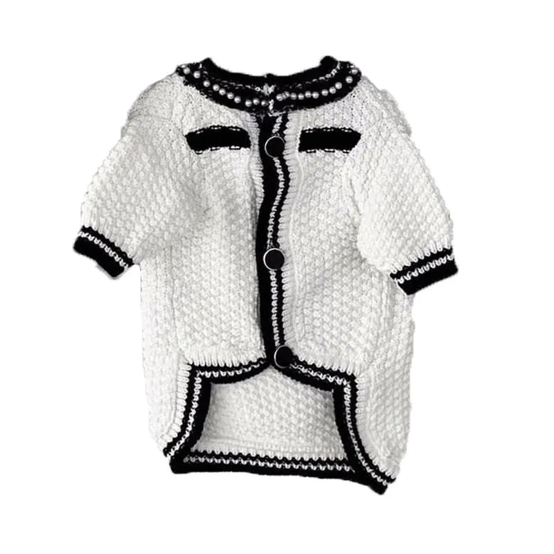 Korean style white puppy sweater with pearl collar detail on small dog, princess design pet clothing