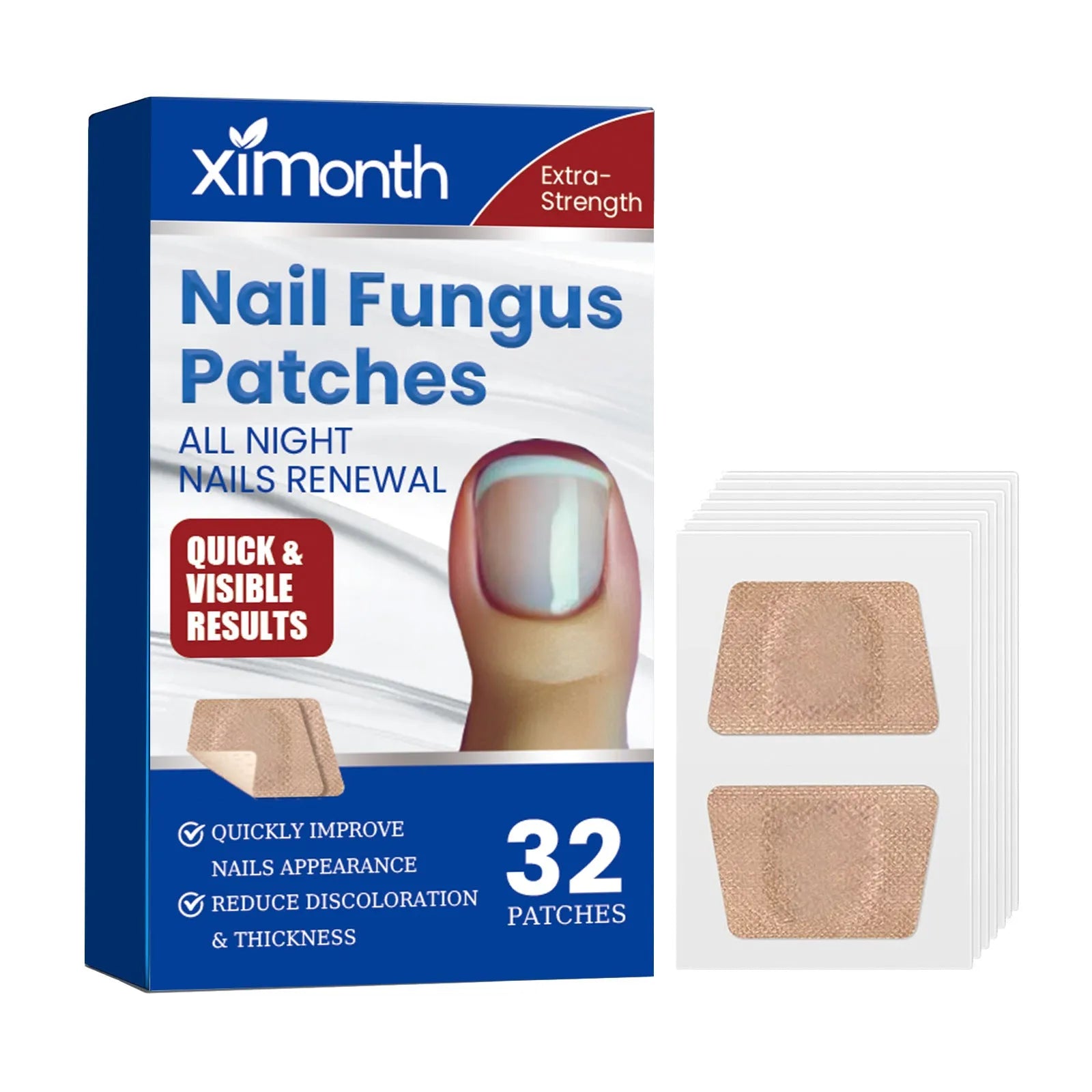 Box of 32 nail repair adhesive bandage patches, each measuring 6.1 by 3.5 centimetres.
