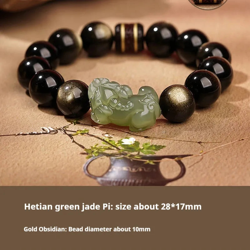 A Hetian jade bracelet with braided black and red rope in a Chinese style design.