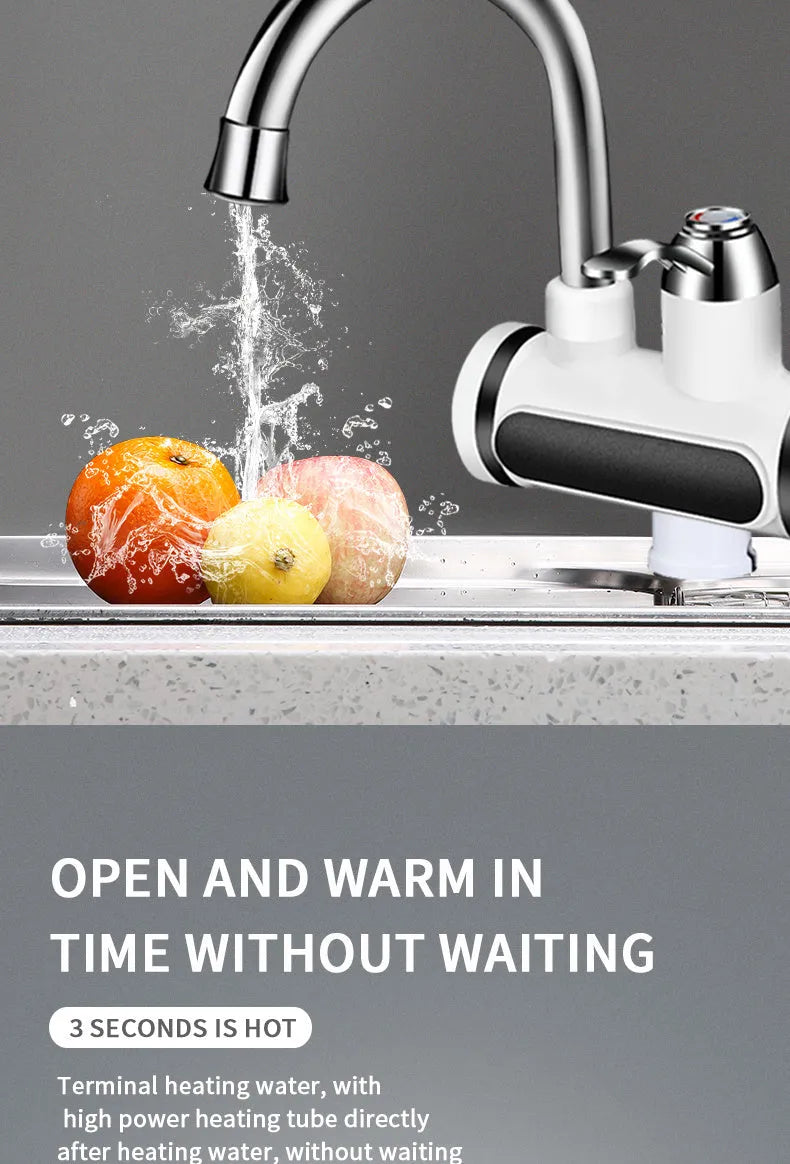 White kitchen instant electric water heater with digital temperature display and tap