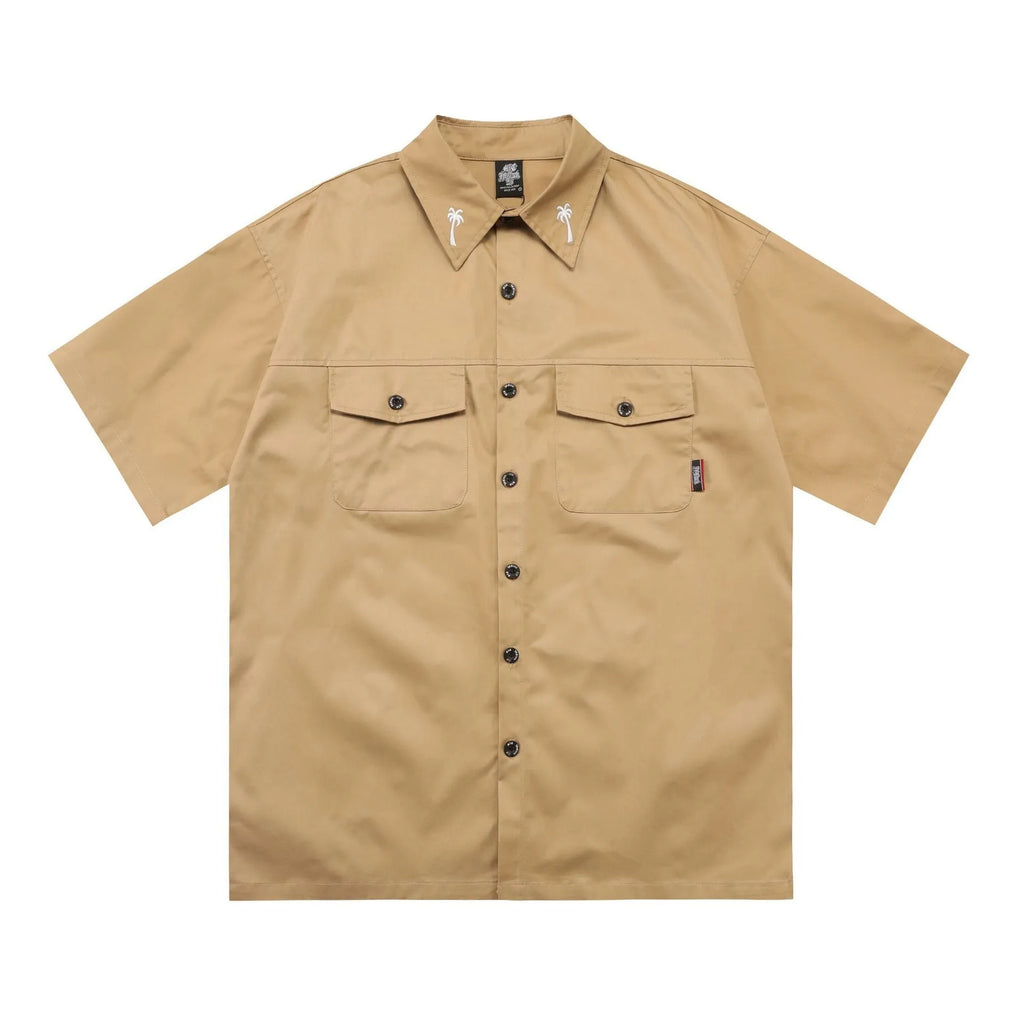 Men's loose black cotton blend half-sleeve shirt with a chest pocket