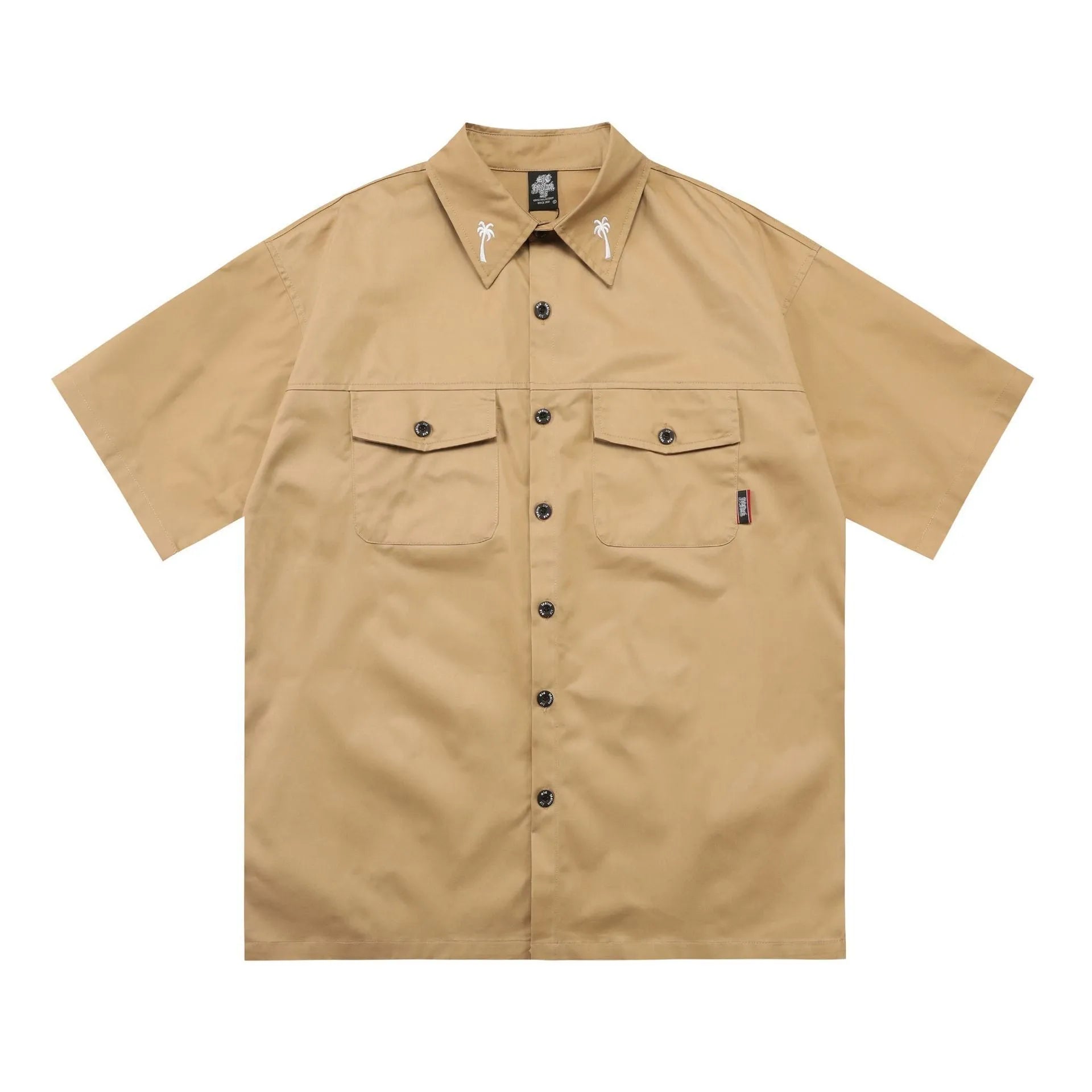 Men's loose black cotton blend half-sleeve shirt with a chest pocket