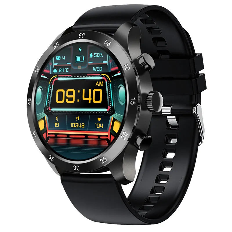 Black smart watch with touch screen displaying heart rate and call functions