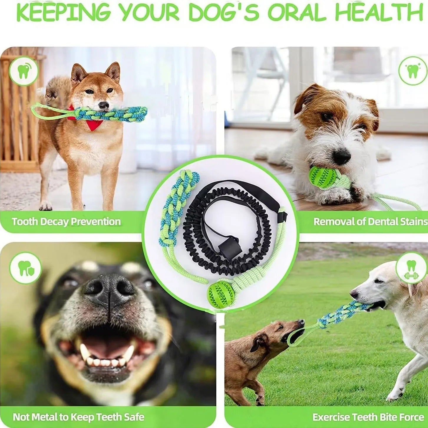 Cotton thread dog tug rope toy with green ball attachment for bite and pull play
