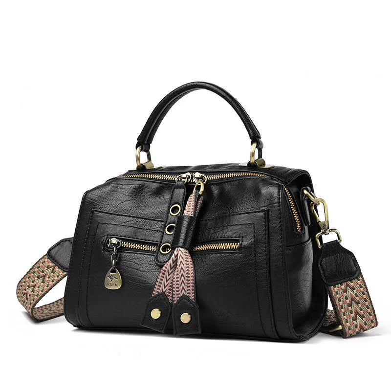 Women's grey PU leather one-shoulder crossbody bag with a square shape and outer pocket