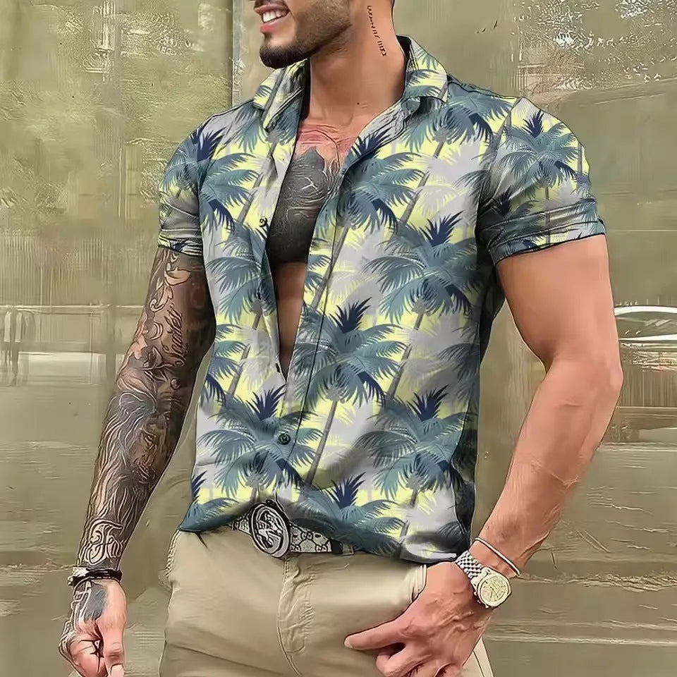 Man wearing a loose-fit floral print short sleeve cardigan shirt in a casual setting.