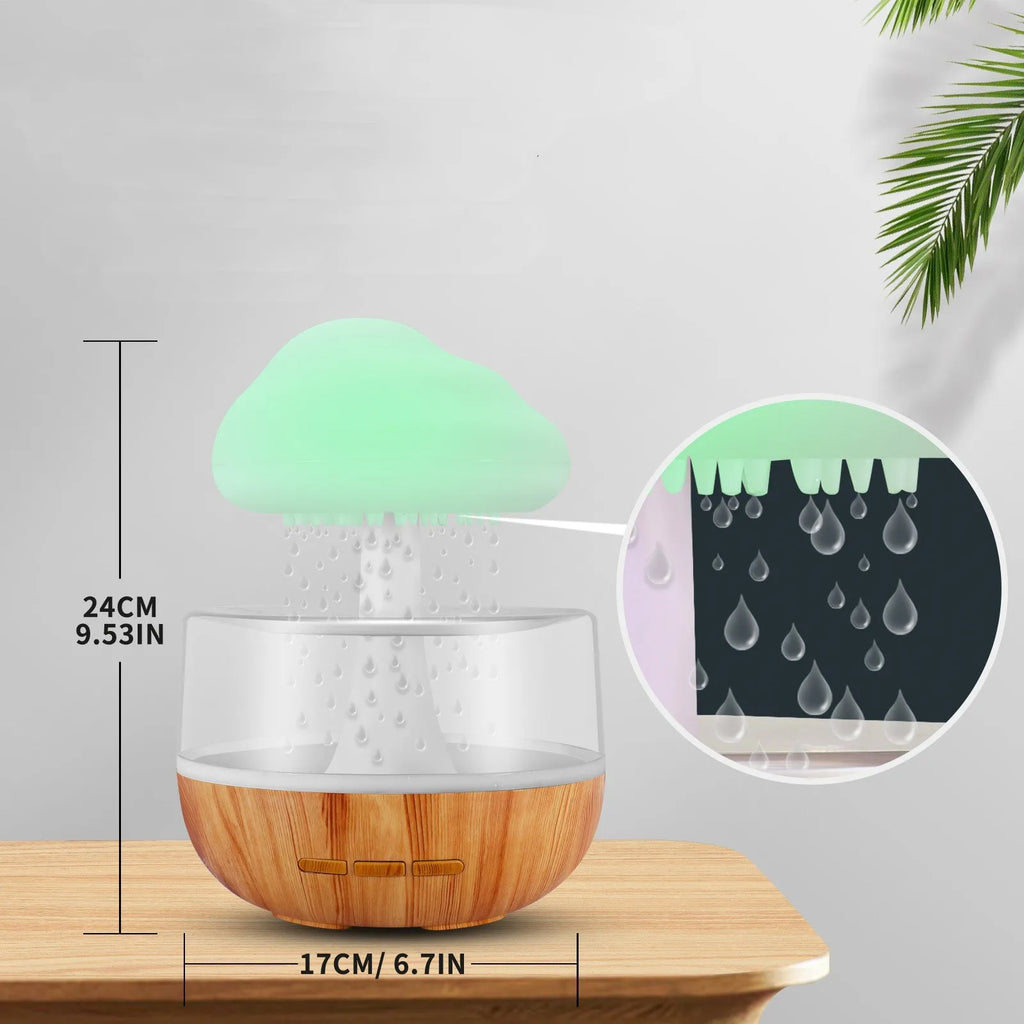 White cloud-shaped humidifier with LED lights and water vapour emission