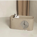 Khaki foldable felt cat bed showing its size next to a cat, with a second image showing it folded flat.