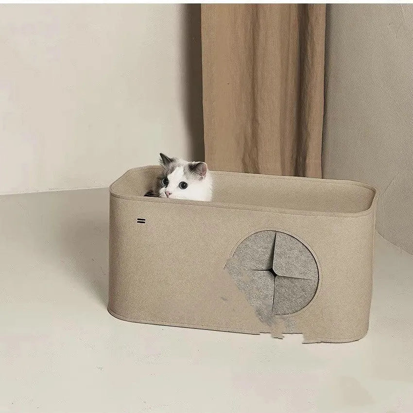Khaki foldable felt cat bed showing its size next to a cat, with a second image showing it folded flat.