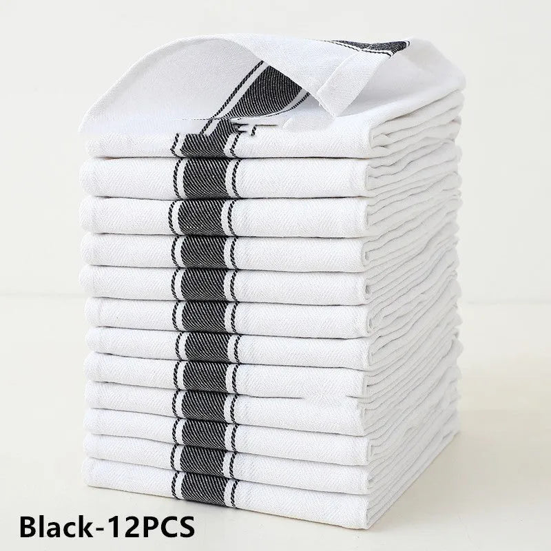 Set of twelve striped cotton blend kitchen dish towels in various colours, each measuring 48 by 70 centimetres.